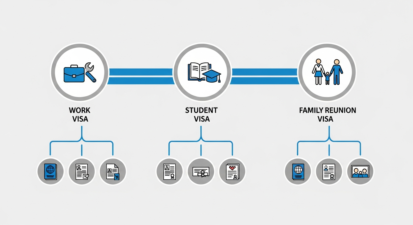 Decision tree showing different German visa paths and language requirements