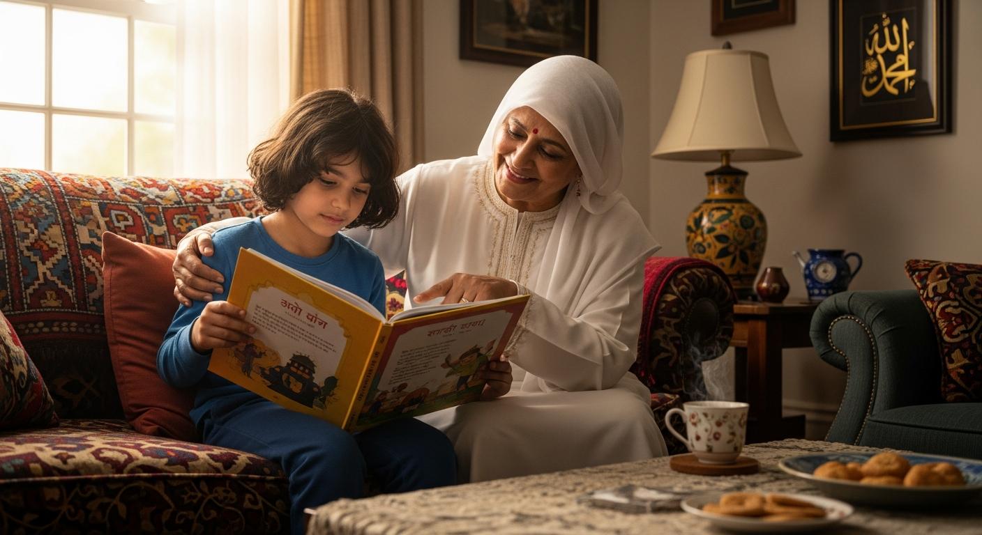 Child reading a storybook with grandparent in heritage language