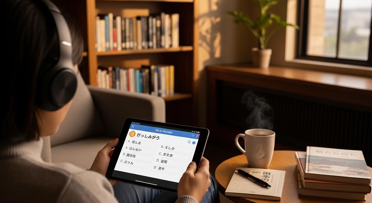 Person studying Japanese on a tablet app in a library