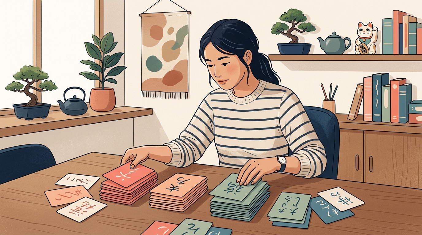 Japanese learner sorting sentence cards to practise wa and ga particles