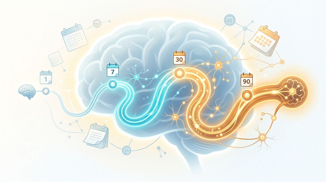 Memory pathway showing stronger recall across spaced review intervals