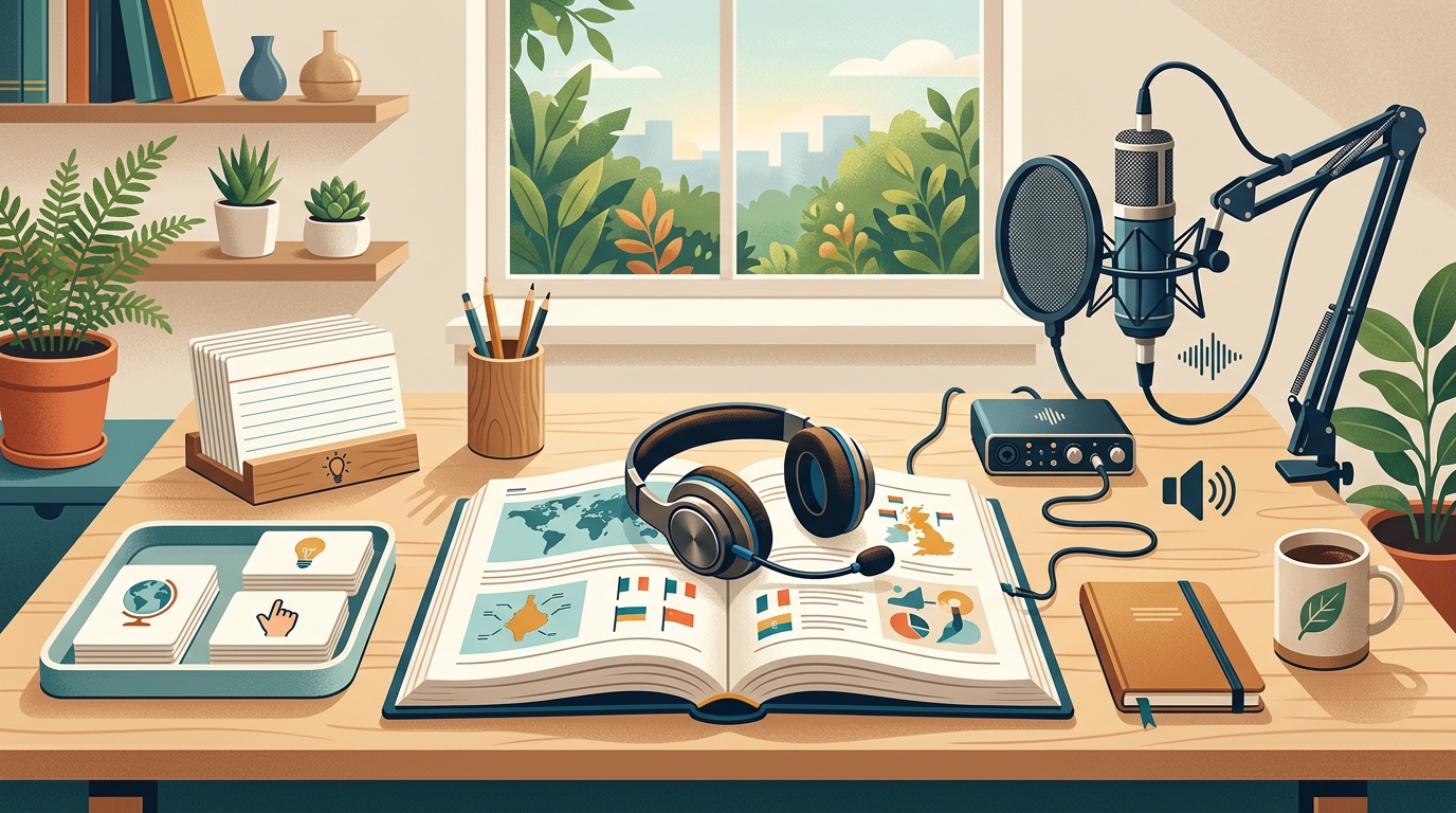 Language study desk combining flashcards, listening, reading and speaking practice
