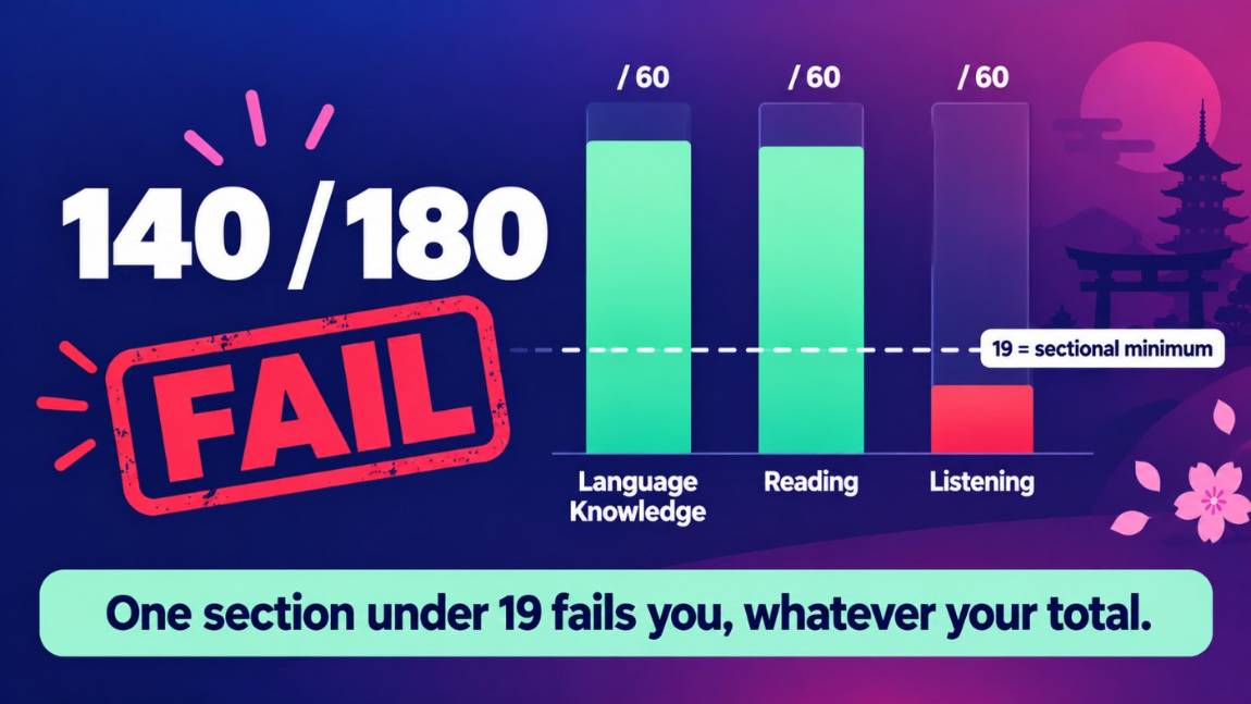 A JLPT score of 140 out of 180 still fails because the listening section falls below the sectional minimum of 19