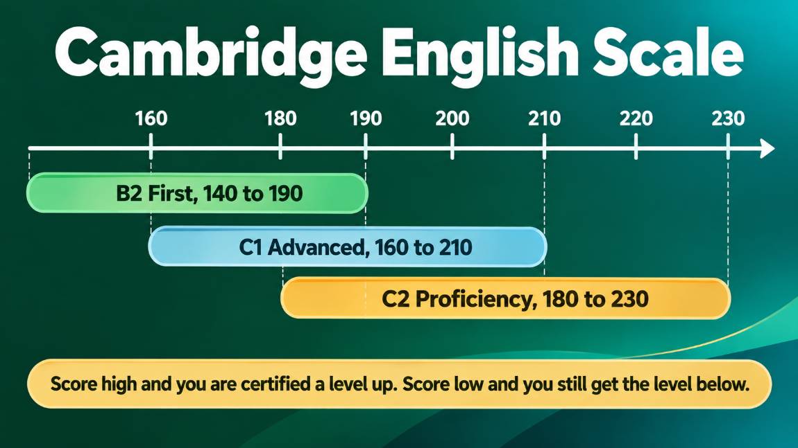 The Cambridge English Scale showing B2 First from 140 to 190, C1 Advanced from 160 to 210 and C2 Proficiency from 180 to 230 as overlapping bars