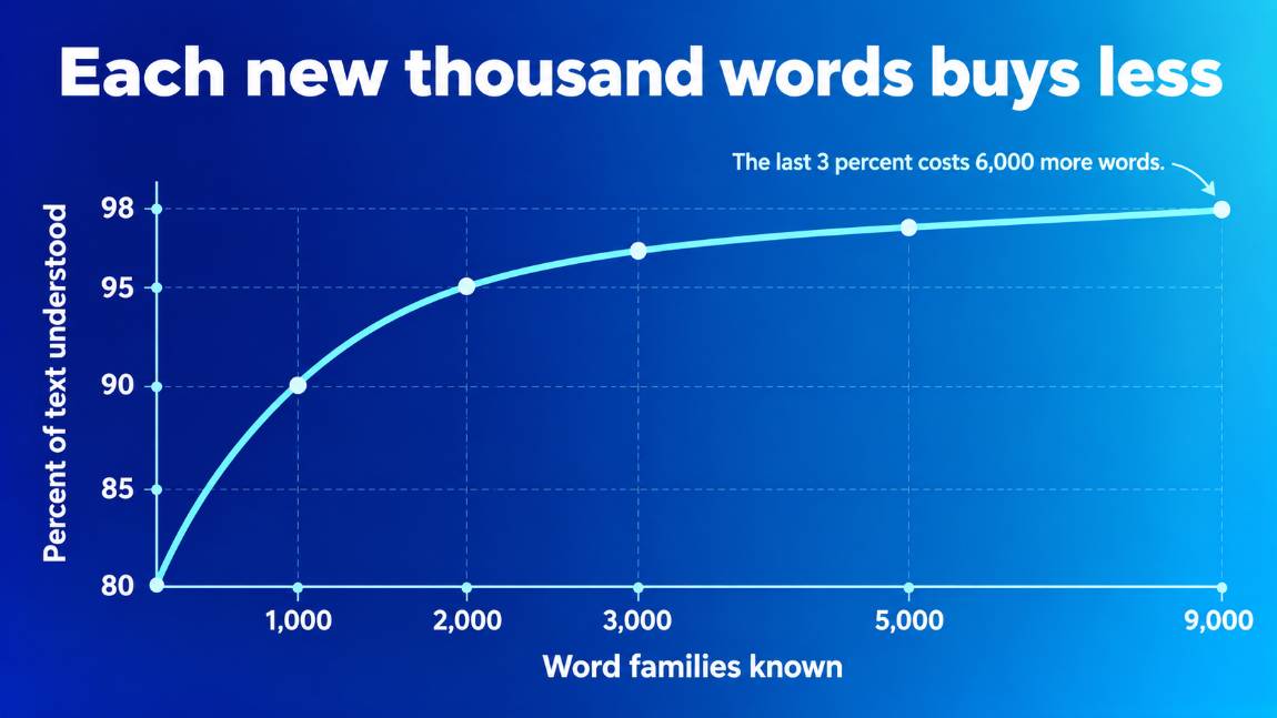 A curve showing percent of text understood against word families known, rising steeply to 95 percent by 3,000 words then flattening towards 98 percent at 9,000