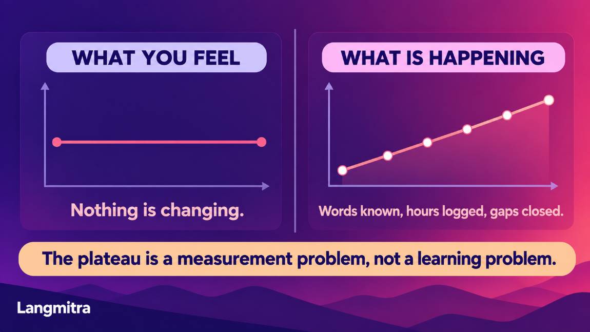 What you feel is a flat line showing nothing changing, while what is happening is a rising line of words known, hours logged and gaps closed