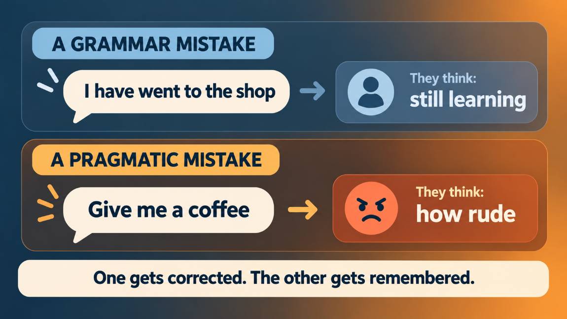 A grammar mistake like I have went to the shop makes listeners think you are still learning, while a pragmatic mistake like give me a coffee makes them think you are rude